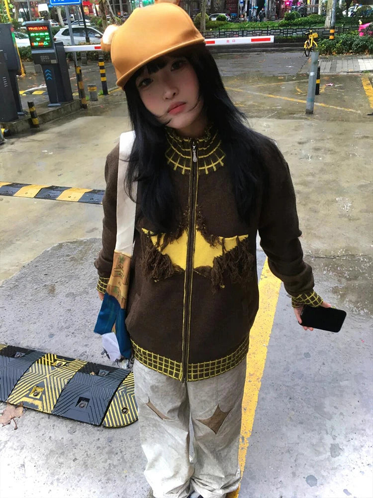 Y2k Aesthetic Vintage Knitted Plaid Cardigans Star Jacquard Tassel Zipper Sweater Coats Loose Women Grunge Harajuku Ins Knitwear