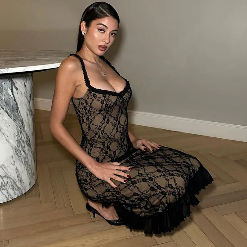 Elegant Lace Print Sexy Maxi Dress For Women Spaghetti Strap Sleeveless Backless Bodycon Club Party Sexy Long Dress