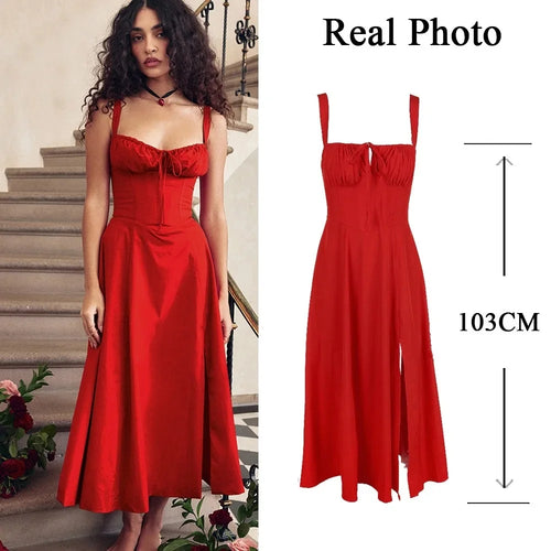 Load image into Gallery viewer, Full Lining Elegant Lace Up Holiday Party Dresses Midi Sexy Spaghetti Strap Split Dress White Summer Dress Women 2023
