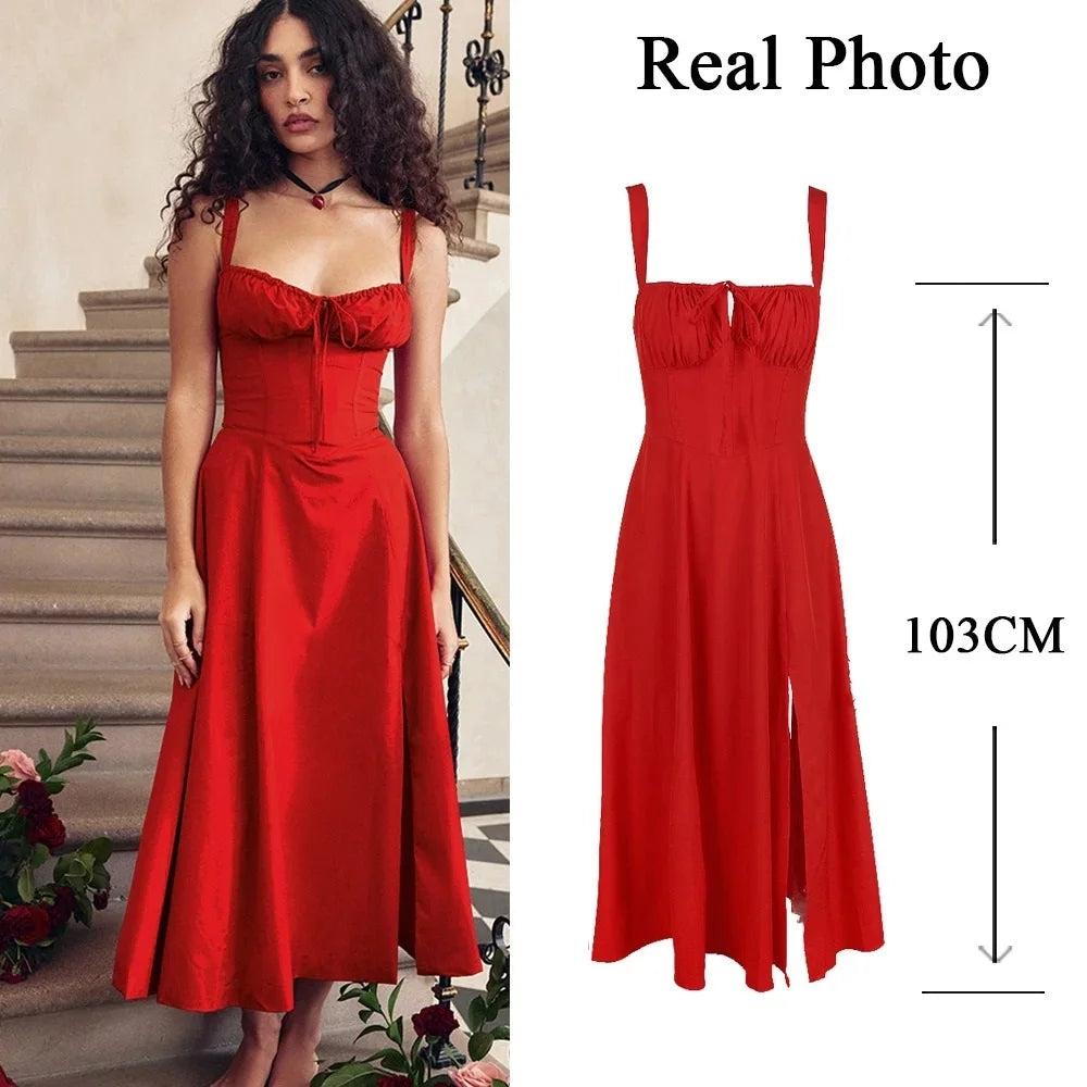 Full Lining Elegant Lace Up Holiday Party Dresses Midi Sexy Spaghetti Strap Split Dress White Summer Dress Women 2023