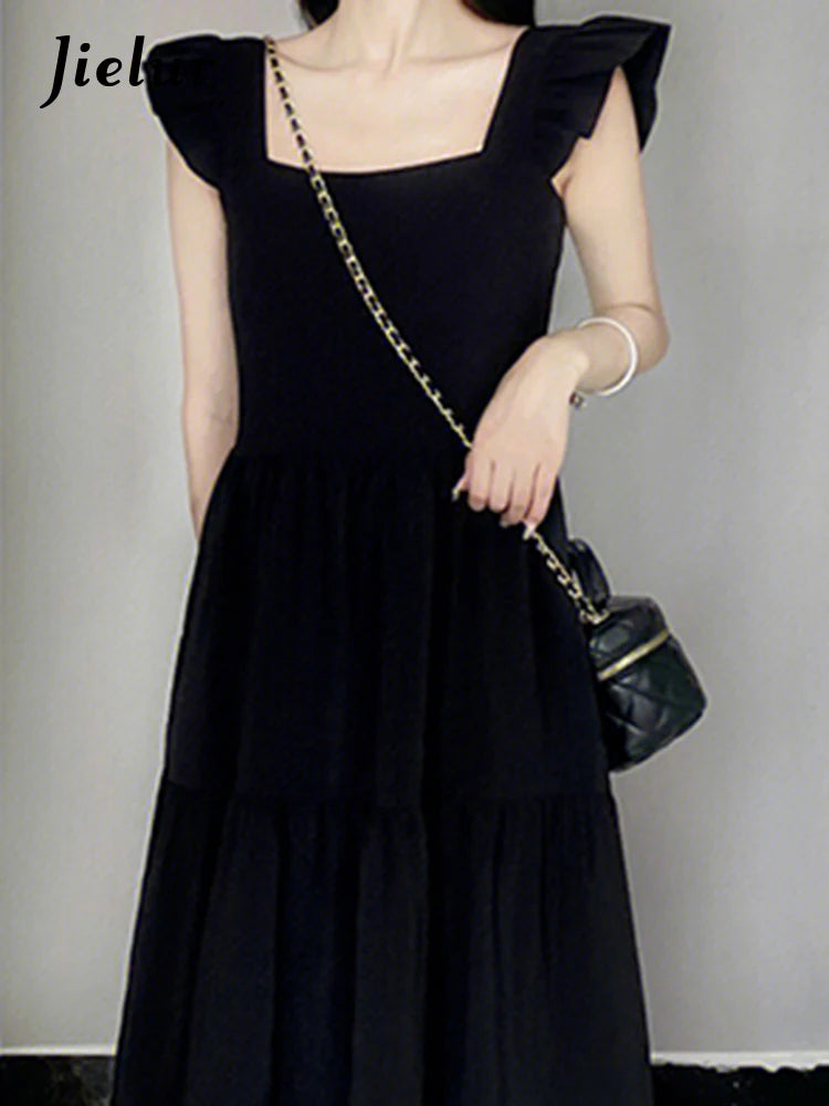 Black Ruffles Sleeveless Chiffon Women Dresses Summer Solid Color Square Neck Elegant Fashion Female Dress Evening Dress