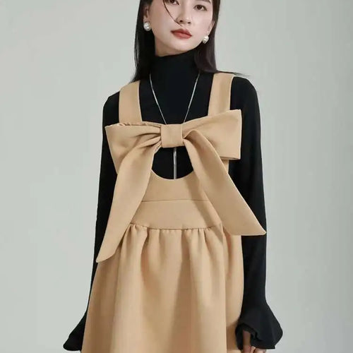 Load image into Gallery viewer, Women Gray Bow Bandage Spliced Long Elegant Woolen Dress New Sleeveless Loose Fit Fashion Tide Autumn Winter 2025 1DF3527
