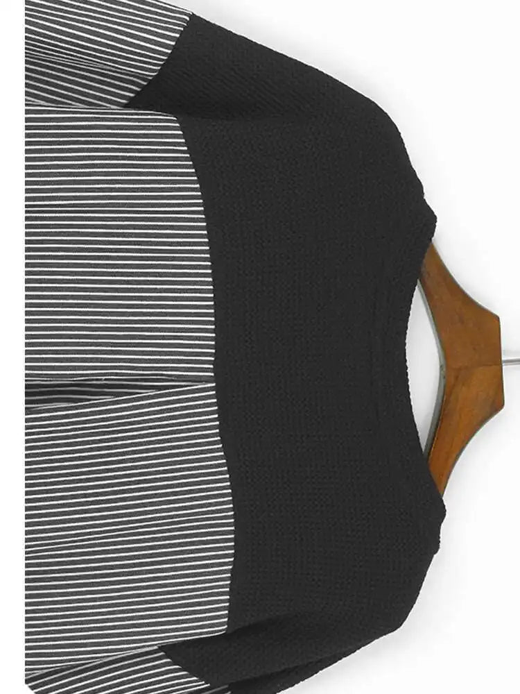 Blue Knitting Striped Irregular Sweatshirt New Round Neck Long Sleeve Women Big Size Fashion Spring Autumn 2025 1DH8043