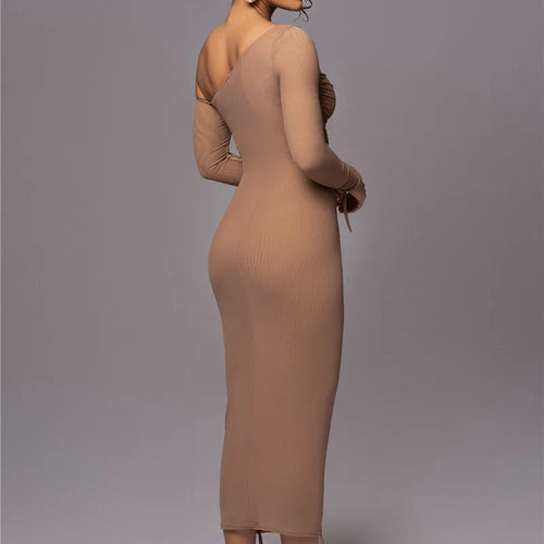 Load image into Gallery viewer, Diagonal Collar Long Sleeve Midi Dress For Women Two Layer Mesh Backless Ruched Bodycon Club Party Sexy Long Dress
