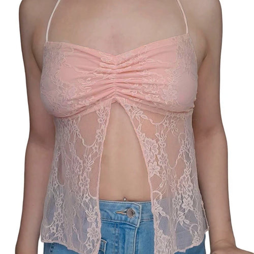 Load image into Gallery viewer, Backless Pink Hotsweet Summer Sexy Lace Camisole Halter Top Transparent Hot Y2K Tie-Up Split Party Cute Coquette Tops
