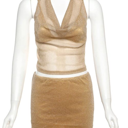 Load image into Gallery viewer, Fashion 2 Piece Set  Mesh Patchwork Women Lace-Up Halter Low-Neck Bright Silk Crop Tops+Ruched Skirts Midnight Outfits
