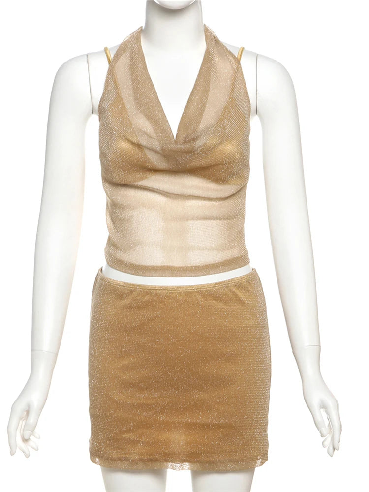 Fashion 2 Piece Set  Mesh Patchwork Women Lace-Up Halter Low-Neck Bright Silk Crop Tops+Ruched Skirts Midnight Outfits