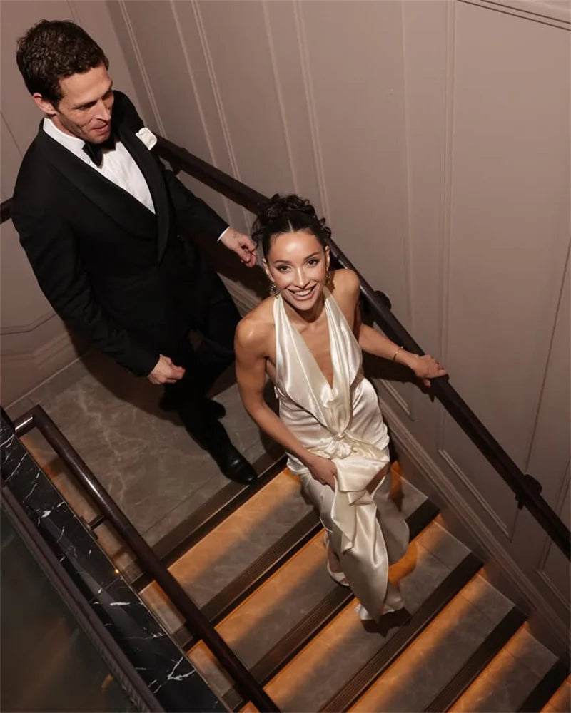 Satin Deep V Neck Backless Sexy Maxi Dress Women Elegant Halter Sleeveless Lace-up High Waist Draped Ruched Long Dress