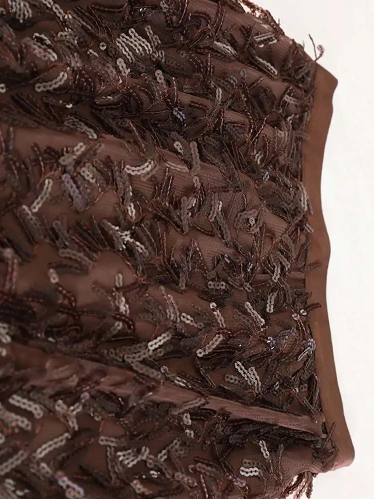 High Elastic Waist Brown Sequins Tassels Elegant Party Half-body Skirt Women Fashion Tide New Spring Autumn 2025 1DH9912