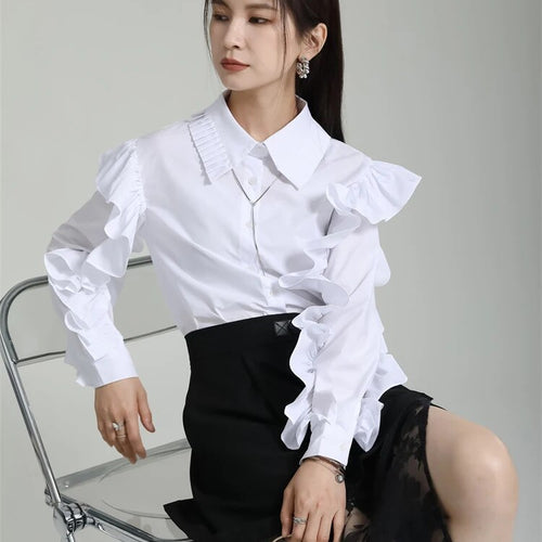 Load image into Gallery viewer, Patchwork Single Shirts For Women Lapel Long Sleeve Spliced Ruffles Solid Casual Blouse Female Fashion Clothing
