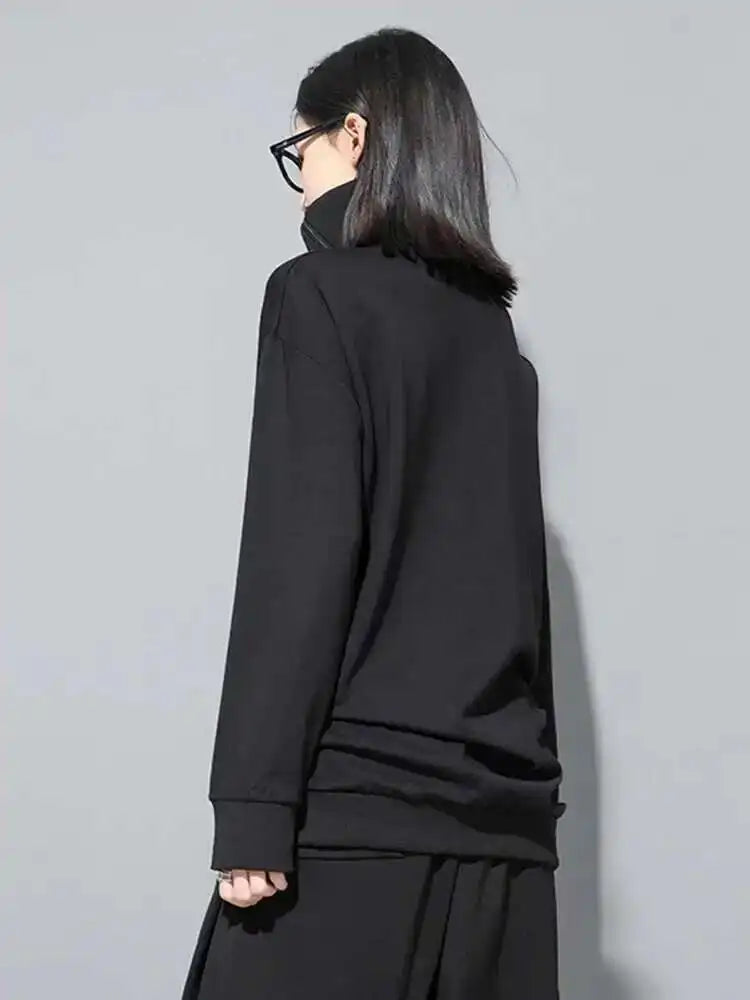 Loose Fit Black Zipper Irregular Sweatshirt New Turtleneck Long Sleeve Women Big Size Fashion Spring Autumn 2025 1DH0576