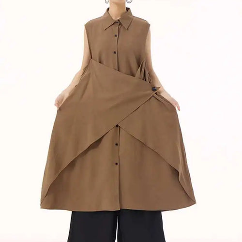 Load image into Gallery viewer, Women Khaki Irregular Spliced Big Size Midi Shirt Dress New Lapel Sleeveless Fashion Tide Spring Summer 2025 1DH9434
