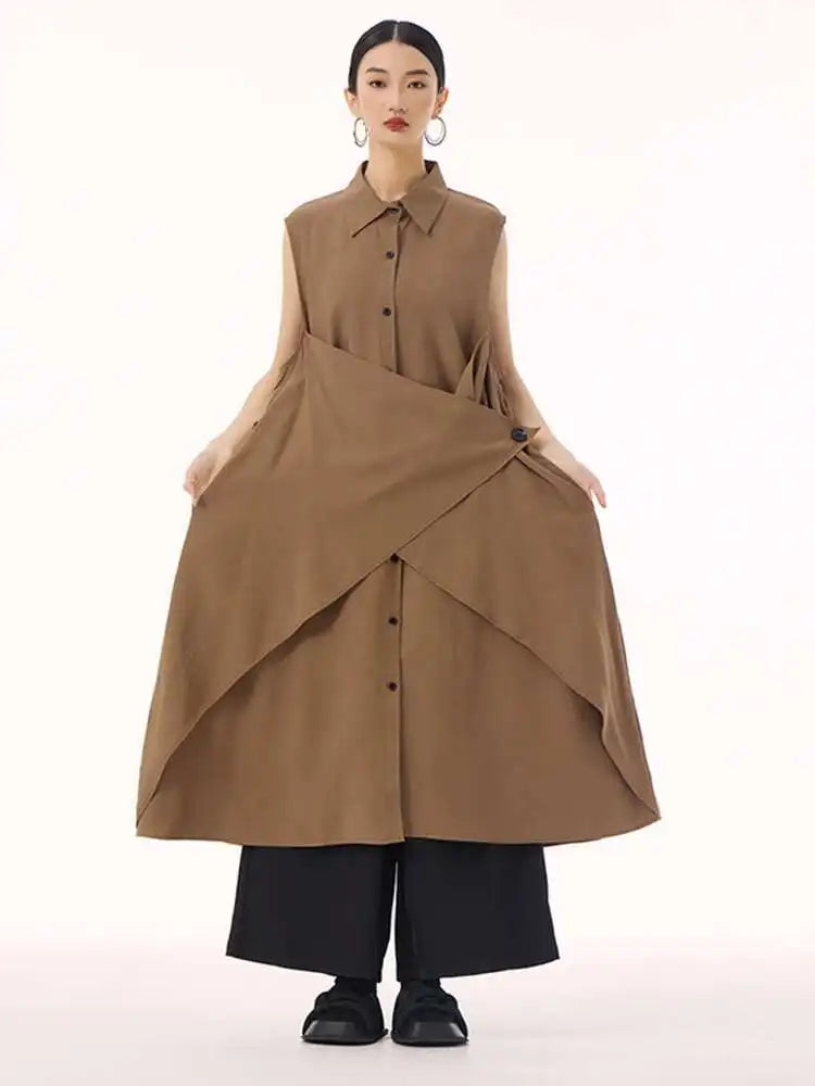 Women Khaki Irregular Spliced Big Size Midi Shirt Dress New Lapel Sleeveless Fashion Tide Spring Summer 2025 1DH9434