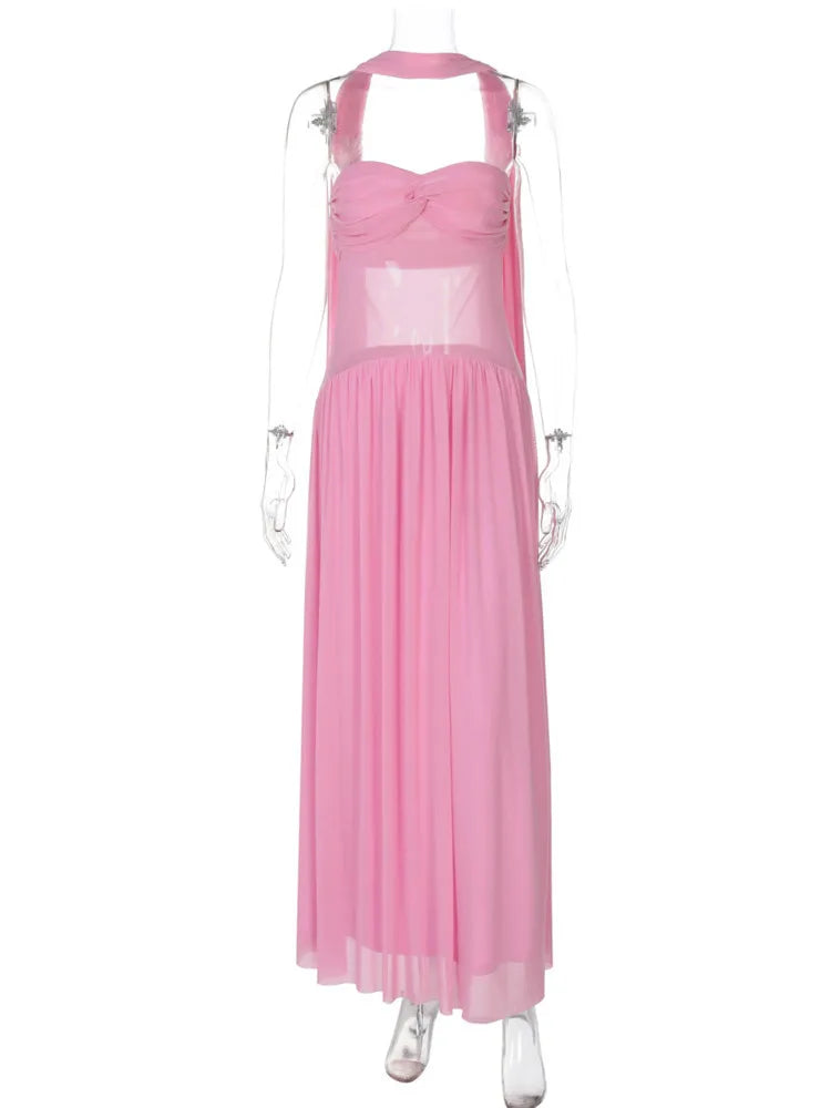 Scarf Collar Backless Sexy Maxi Dress For Women Gown Pink Strapless Off-shoulder Backless Mesh Long Dress Vestido