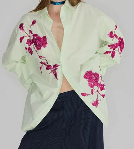 Hit Color Loose Spliced Embroidery Shirts for Women Lapel Long Sleeves Patchwork Single Breasted Shirt Female New