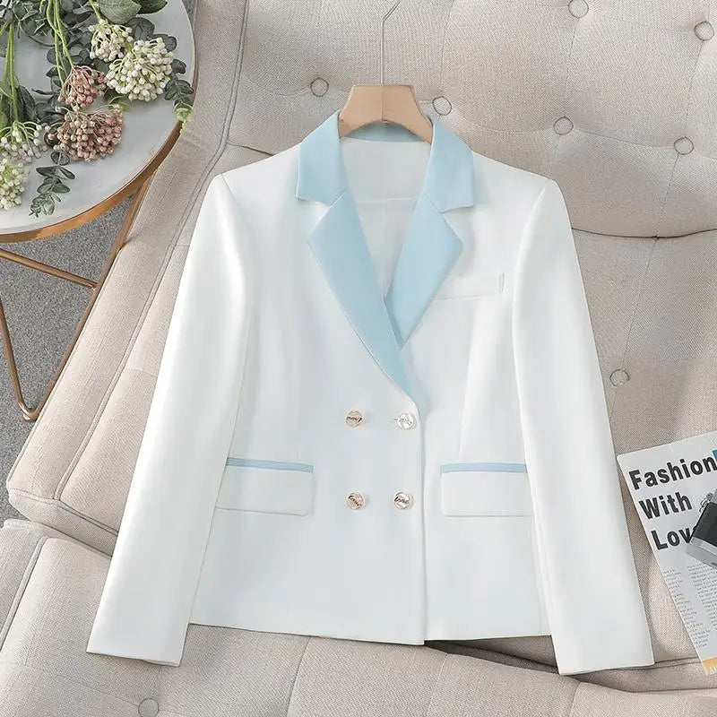 Spring Autumn Blue White Patchwork Office Festival Short Blazer Jackets 2025 Vintage Elegant Ladies Double Breasted Tops Popular