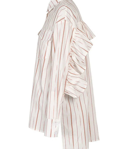 Women Red Striped Ruffles Big Size Blouse New Lapel Long Sleeve Loose Fit Shirt Fashion Tide Spring Autumn 2025 7AB00103