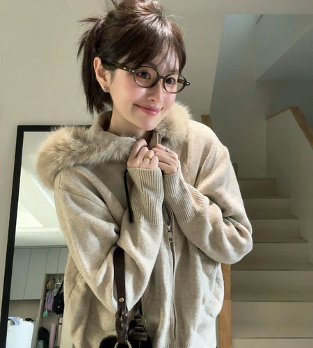 Women Fur Patchwork Hooded Grunge Cardigan Streetwear Vintage Dual Zippers Solid Jackets Y2k Aesthetic Casual Loose Sweaters