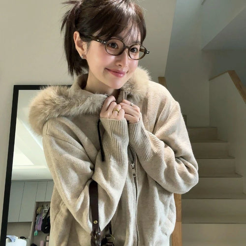 Load image into Gallery viewer, Women Fur Patchwork Hooded Grunge Cardigan Streetwear Vintage Dual Zippers Solid Jackets Y2k Aesthetic Casual Loose Sweaters
