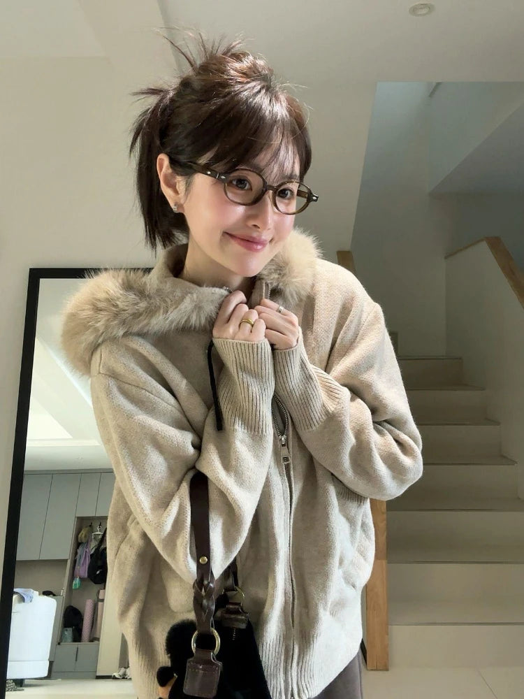 Women Fur Patchwork Hooded Grunge Cardigan Streetwear Vintage Dual Zippers Solid Jackets Y2k Aesthetic Casual Loose Sweaters
