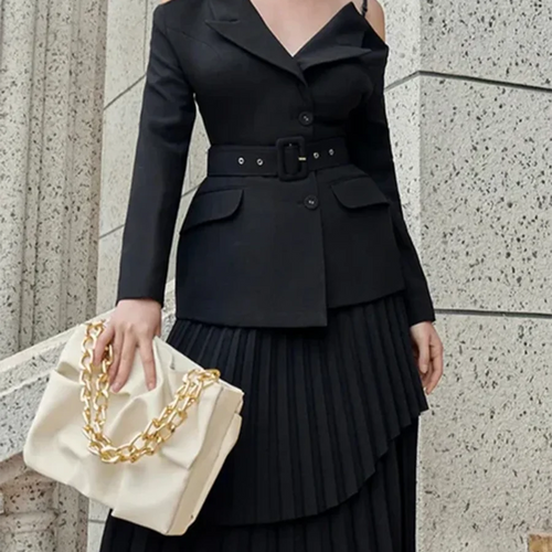 Load image into Gallery viewer, Solid Two Piece Set For Women Slash Neck Long Sleeve Tunic Coat High Waist Temperament Skirt Sets Female Fashion
