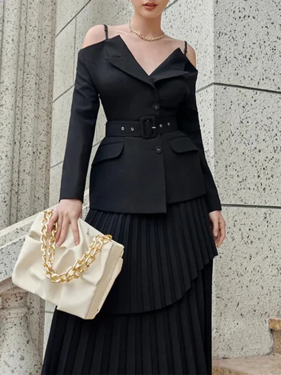 Solid Two Piece Set For Women Slash Neck Long Sleeve Tunic Coat High Waist Temperament Skirt Sets Female Fashion