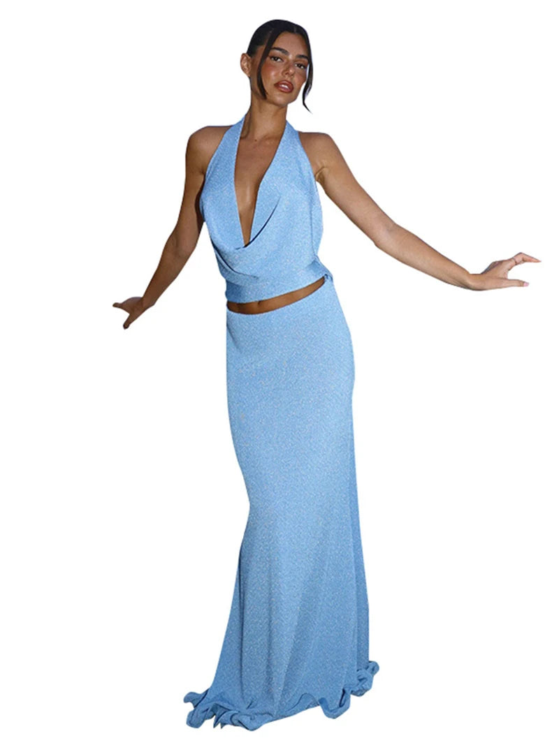 Halter Deep V Neck Backless Sexy Maxi Dress For Women Fashion Sleeveless High Waist Slim-fit Beach Club Party Dress