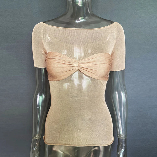 Load image into Gallery viewer, See Through Mesh Crop Top Women Pullovers Strapless Short Knit Cropped Tops Ladies Tee Shirt Sexy Off-shoulder T-shirt
