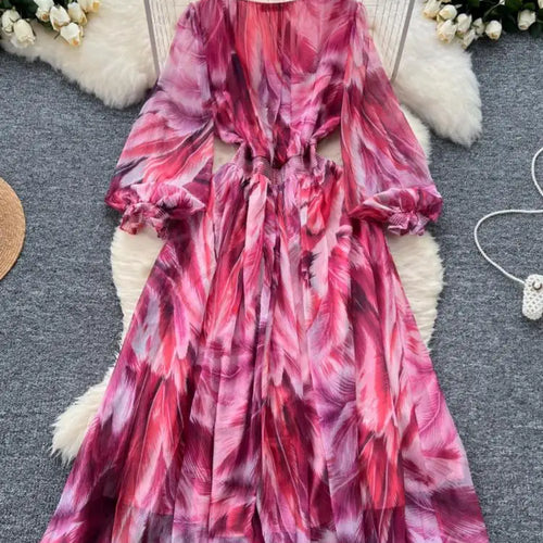 Load image into Gallery viewer, French Women Print Sequin Evening Party Dress Autumn V Neck Elegant Lantern Long Sleeved Temperament Pleated Dress Bohemian Chic
