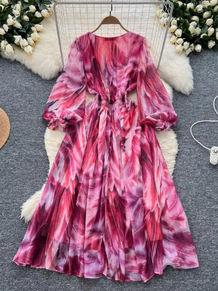 French Women Print Sequin Evening Party Dress Autumn V Neck Elegant Lantern Long Sleeved Temperament Pleated Dress Bohemian Chic