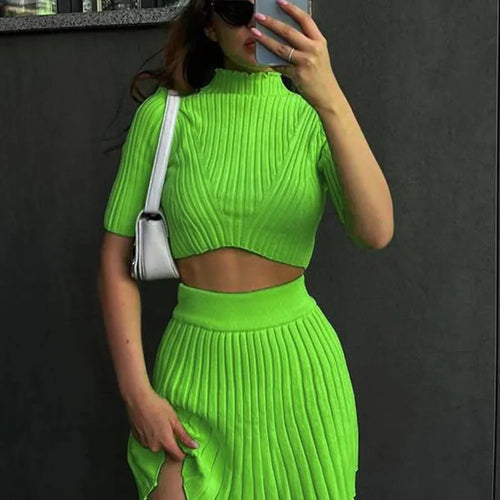 Load image into Gallery viewer, Autumn New Fashion Knitted Skirt Short Sleeve Set Women Elastic Temperament Female Two Piece Set Party Street Clothing
