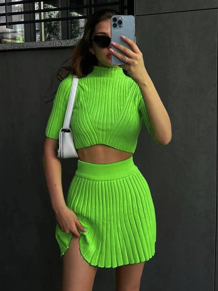 Autumn New Fashion Knitted Skirt Short Sleeve Set Women Elastic Temperament Female Two Piece Set Party Street Clothing
