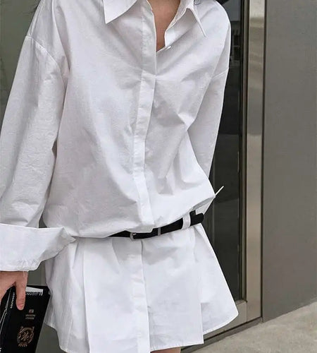 Women White Hem Pleated Elegant Big Size Mini Shirt Dress New Lapel Long Sleeve Fashion Tide Spring Autumn 2025 1DH9552