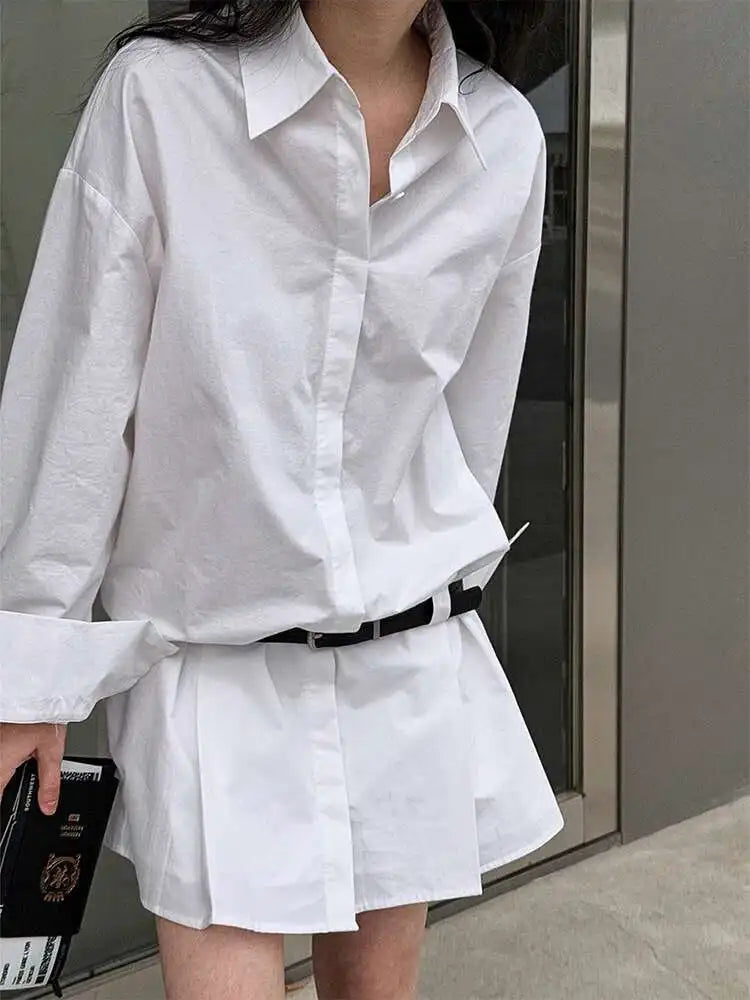 Women White Hem Pleated Elegant Big Size Mini Shirt Dress New Lapel Long Sleeve Fashion Tide Spring Autumn 2025 1DH9552