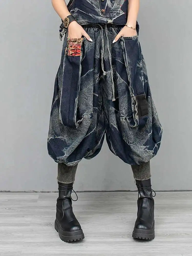 High Waist Blue Black Denim Color-block Casual Cross Jeans New Women Trousers Fashion Tide Spring Autumn 2025 1DH9616