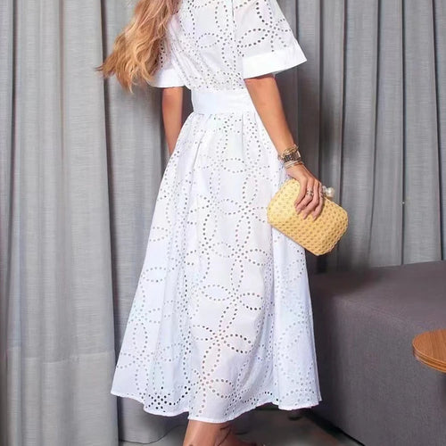 Load image into Gallery viewer, Hollow Out Long Dresses For Women Lapel Half Sleeve High Waist Spliced Lace Up Minimalist Dress Female Summer Clothing Style
