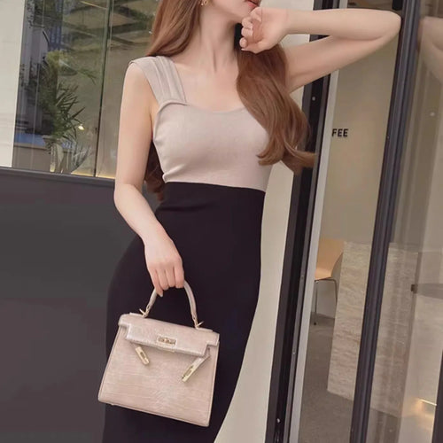 Load image into Gallery viewer, Women Contrast Color Square Neck Knit Midi Dress Slim Fit Female Stretch Knitwear C-151
