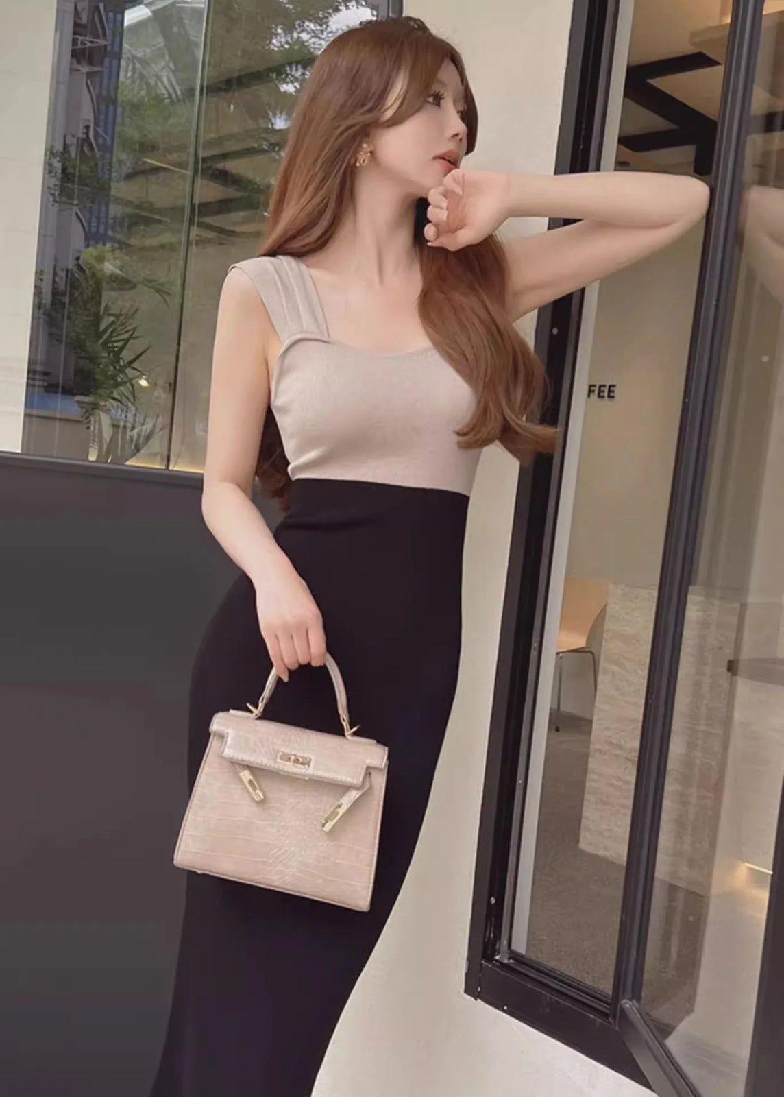 Women Contrast Color Square Neck Knit Midi Dress Slim Fit Female Stretch Knitwear C-151