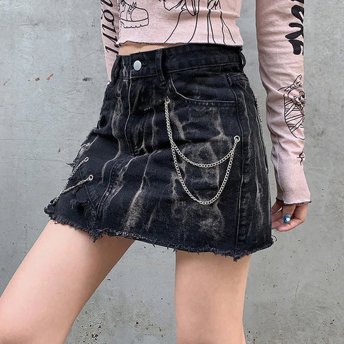 Load image into Gallery viewer, Grunge Gothic Burr Tie Dye Summer Denim Skirt Female Punk Style Chain Mini Skirts Vintage Stitching Hottie Harajuku
