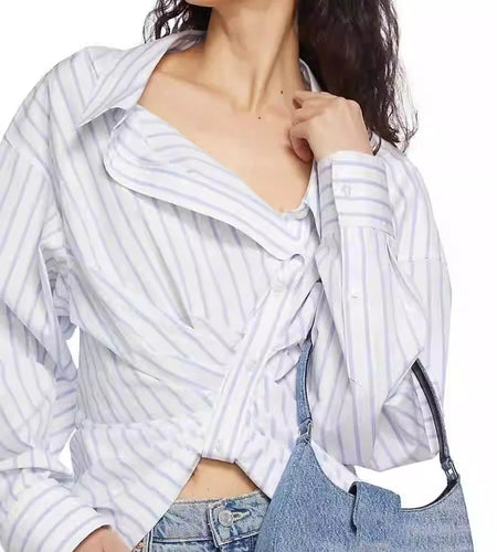 Hit Color Spliced Striped Irregular Dlouses for Women Diagonal Collar Long Sleeves Patchwork Folds Blouse Female