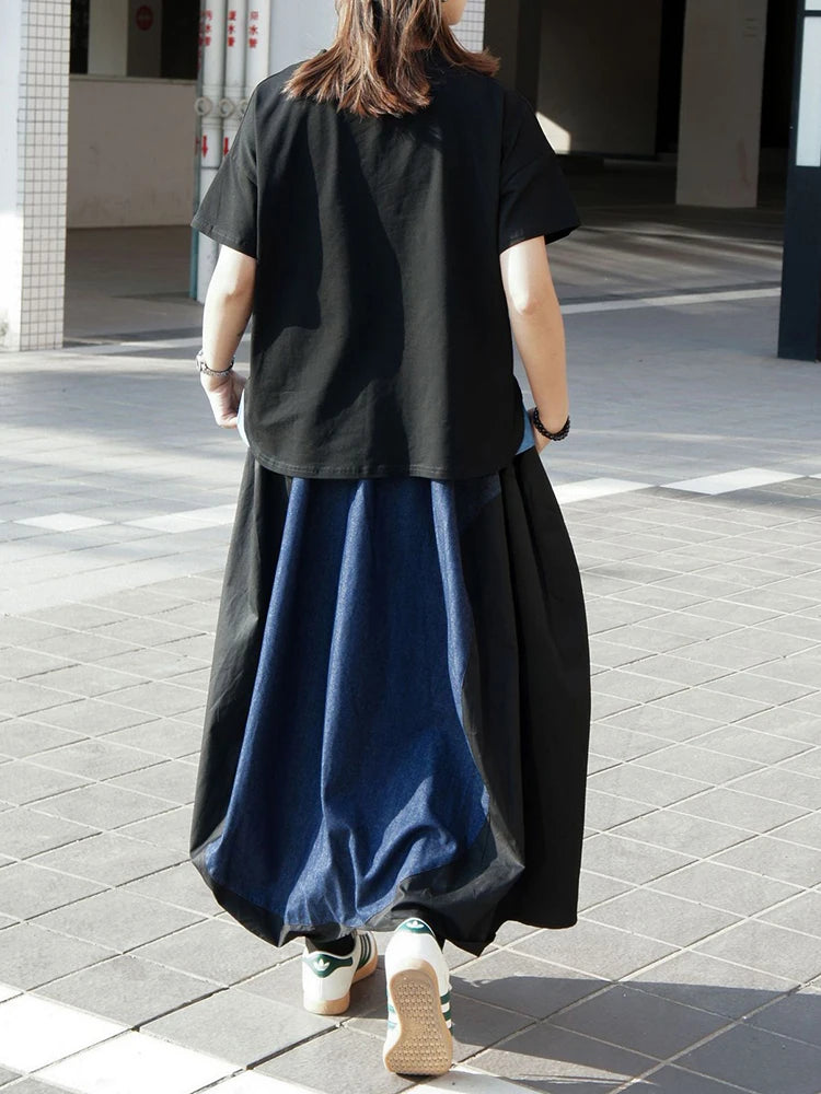 Women Black Pattern Printed Big Size Casual T-shirt New Round Neck Short Sleeve Fashion Tide Spring Summer 2025 1DJ1186