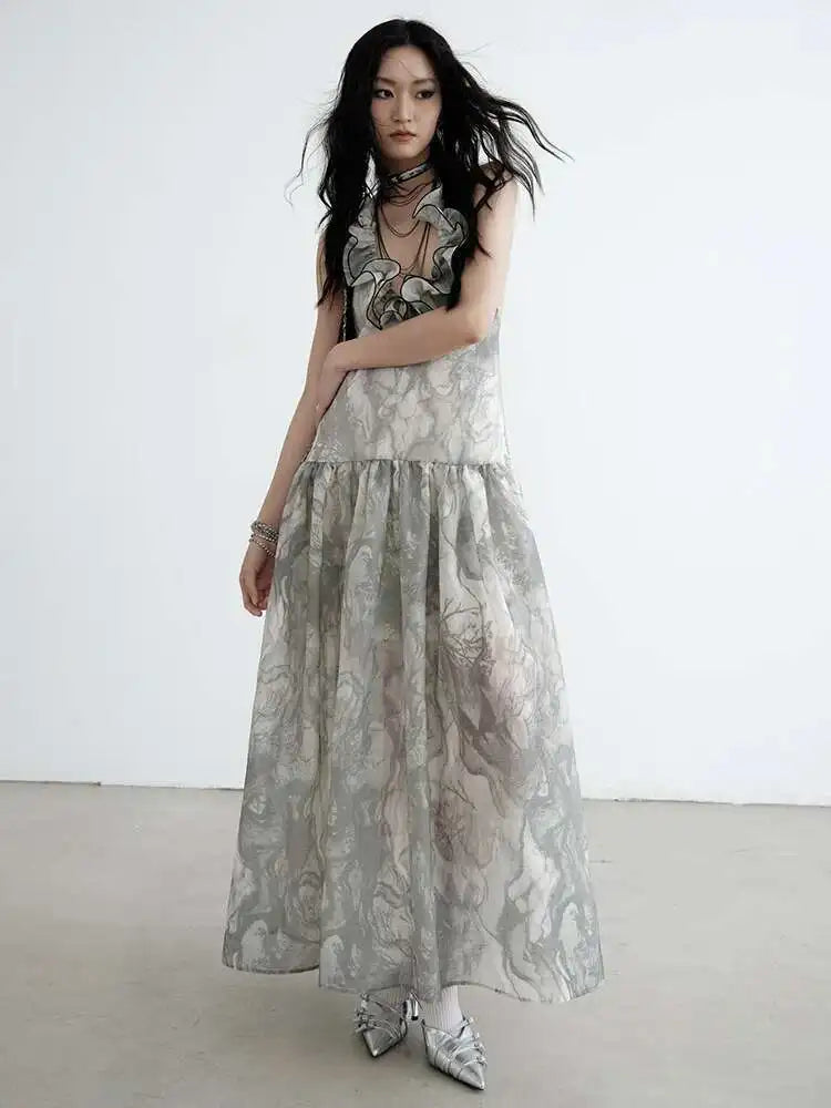 Women Gray Ruffled Backless Elegant Long Strapless Dress New Halter Sleeveless Fashion Tide Spring Autumn 2025 1DJ0014