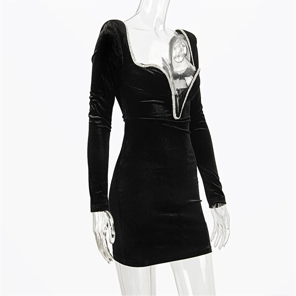 Long Sleeve Sexy Deep V Neck Wired Diamante Crystal Padded Should Bodycon Outfits Women Winter Velvet Party Dress