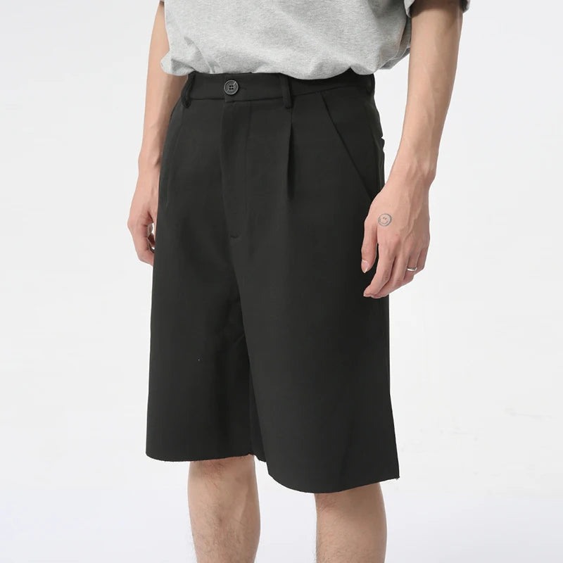 Summer Trendy Male Shorts Solid Color Loose Minimalist Draping Straight Business Casual Knee Length Pants 9C6173