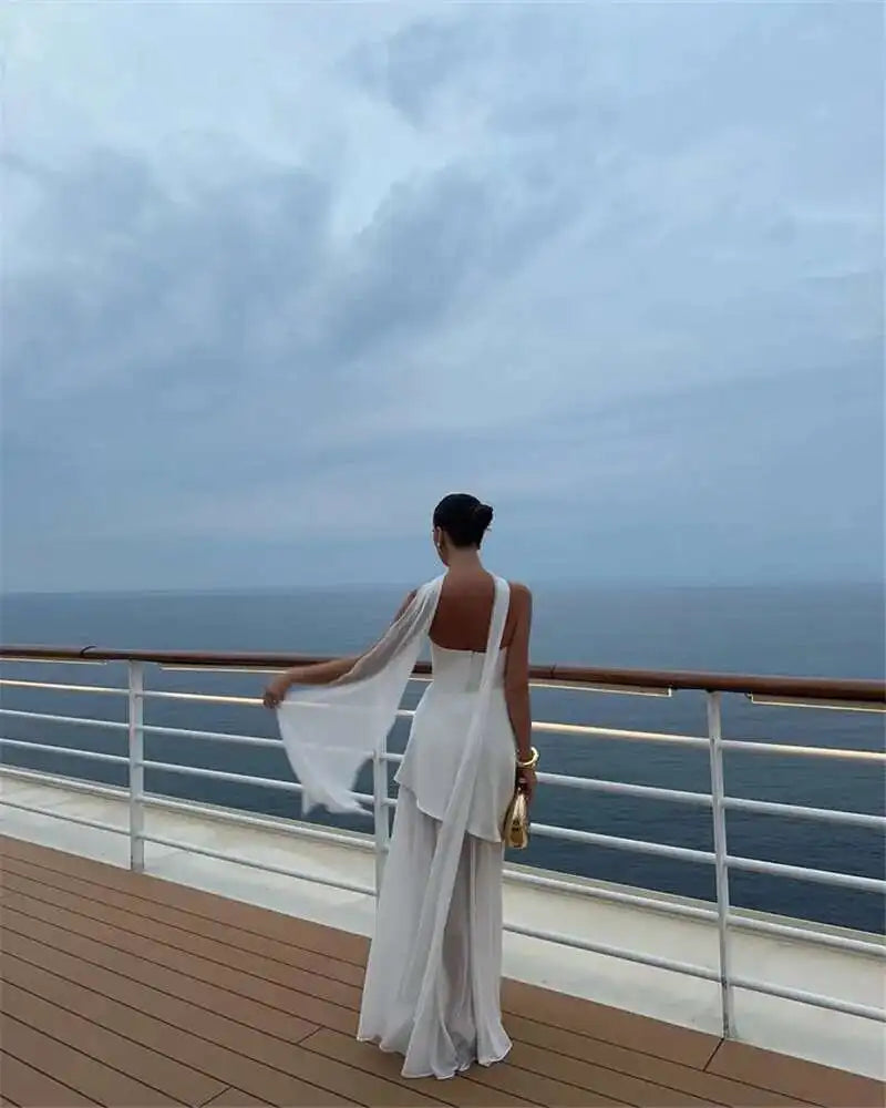 Elegant Strapless Sexy Maxi Dress For Women Gown With Scarf Off-shoulder Sleeveless Backless Split Beach Long Dress