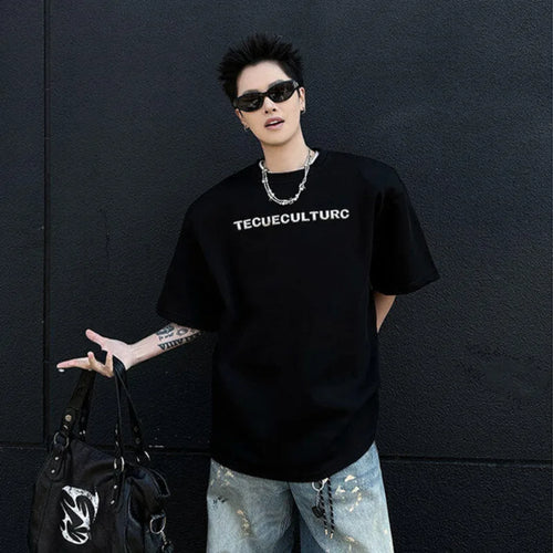 Load image into Gallery viewer, Men&#39;s T-shirts Short Sleeve Letter Printing Trendy Embroidered Nail Bead Shoulder Pad Tide Pullover Male Casual Top 9W1831
