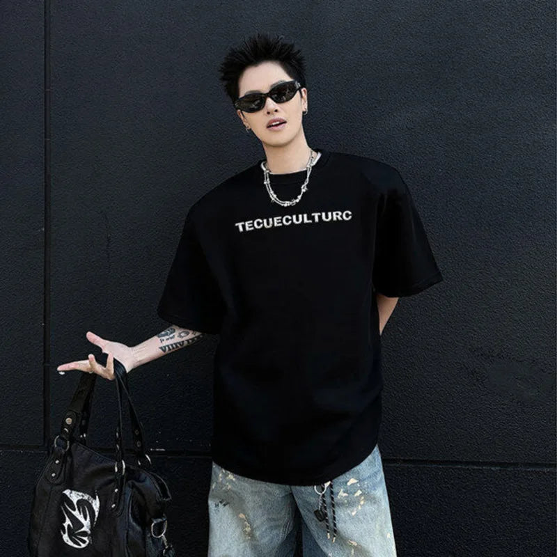 Men's T-shirts Short Sleeve Letter Printing Trendy Embroidered Nail Bead Shoulder Pad Tide Pullover Male Casual Top 9W1831
