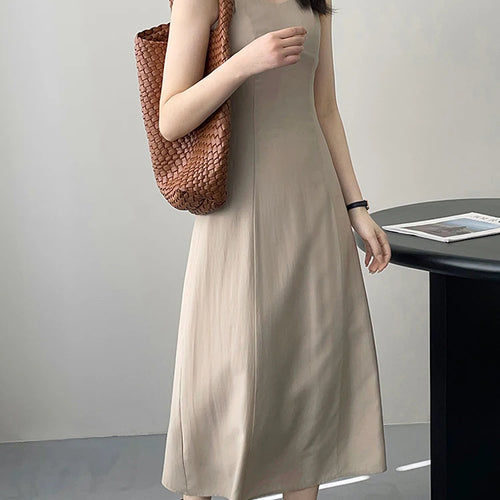 Load image into Gallery viewer, Elegant Summer Midi Dress Women Korean Slim Waist Simple Dresses Ladies Preppy Style Solid Color Sleeveless Dress Female
