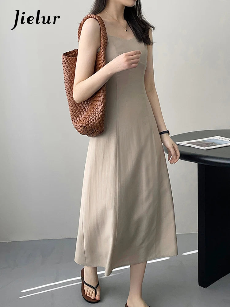 Elegant Summer Midi Dress Women Korean Slim Waist Simple Dresses Ladies Preppy Style Solid Color Sleeveless Dress Female