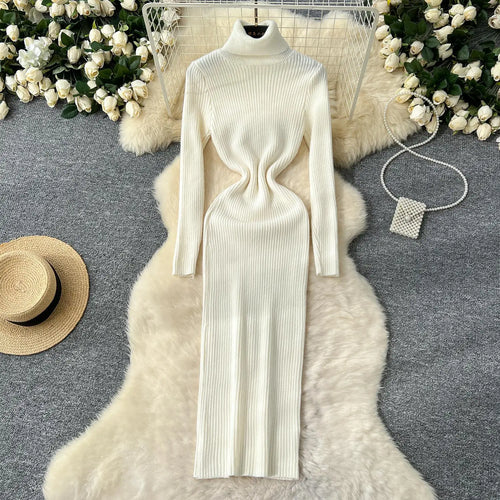 Load image into Gallery viewer, Korean Women Solid High Neck Straight Dresses Autumn Winter Slim Long Sleeve Office Knitted Dress Ladies Simplicity Popular Chic
